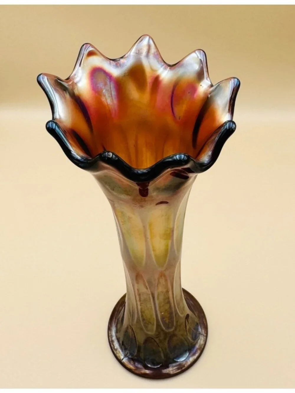 Vintage Fenton Carnival Glass Vase Long Thumbprint Swung Shape Art 9.5